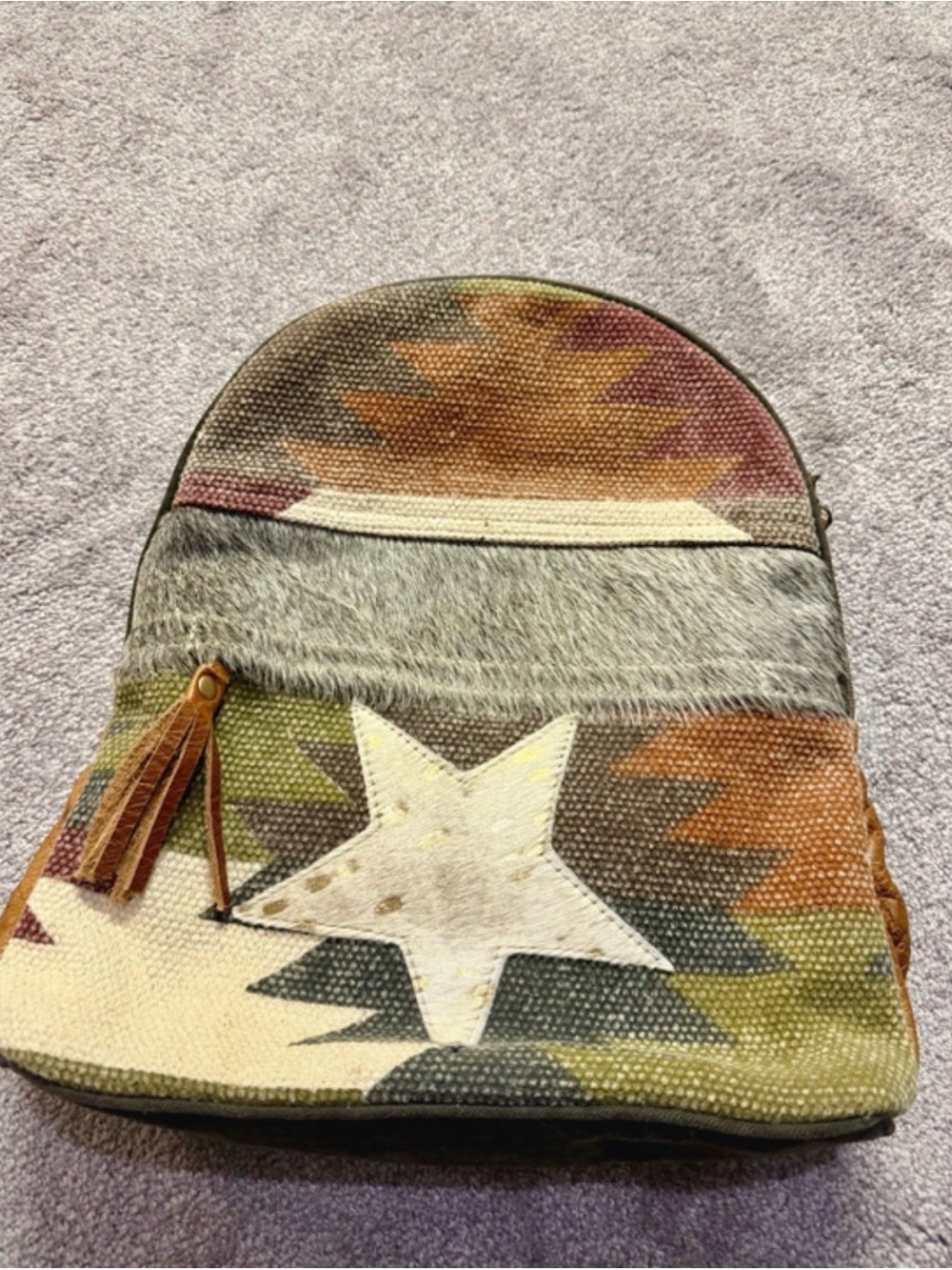 Myra Bag Multicolor Tribal Patch Star Backpack with Fur Accent